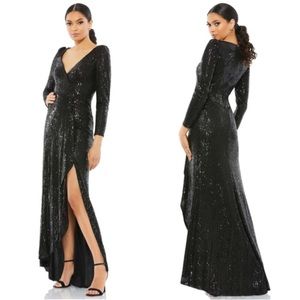 Mac Duggal Ieena Black Sequin Maxi Dress 2 Long Sleeves V Neck High Slit NWOT